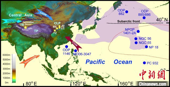 塔里木沙塵傳輸至北太平洋的路徑(陰影區(qū))及西昆侖山黃土巖芯位置(五角星)?！≈锌圃呵嗖馗咴?供圖