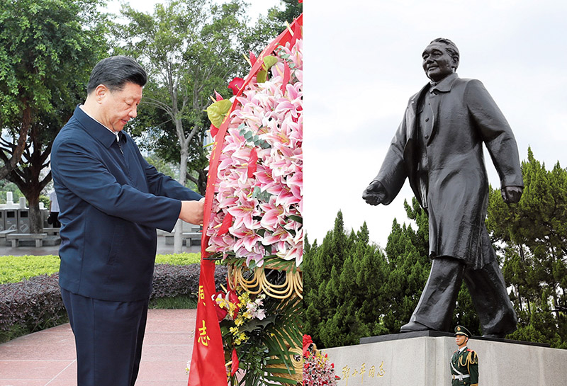 2020年10月14日，習(xí)近平總書記向深圳蓮花山公園鄧小平同志銅像敬獻(xiàn)花籃。