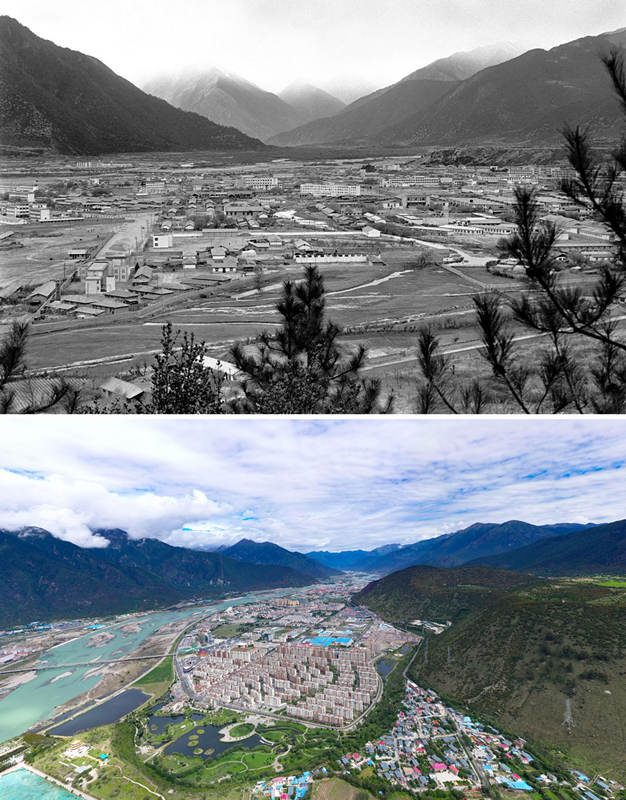 拼版照片：上圖是20世紀(jì)90年代的西藏林芝八一鎮(zhèn)；下圖是2021年7月20日拍攝的西藏林芝八一鎮(zhèn)風(fēng)貌。