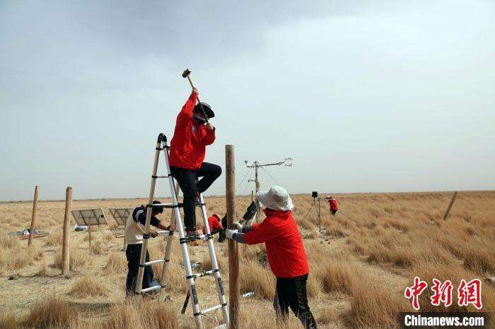 格爾木濕地站建設(shè)過程中，第二次青藏科考中科院空天院分隊隊員揮錘安裝防護(hù)欄?！?lt;a target='_blank' href='/'><p  align=