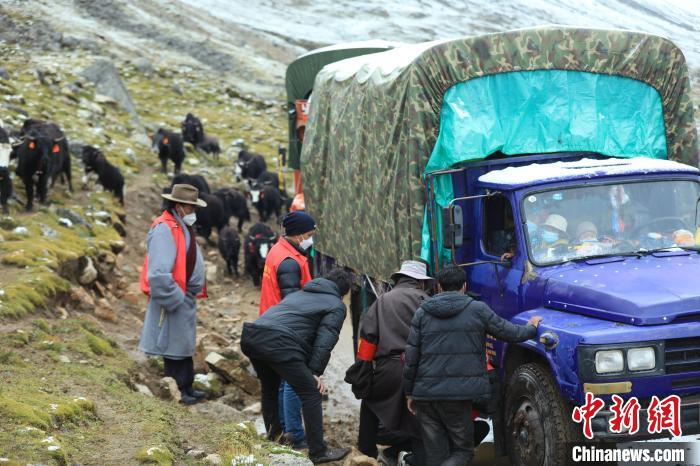 圖為牧民們查看車輛準備出發(fā)?！÷蹇?攝