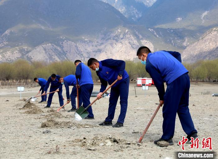 林芝市巴宜區(qū)森林消防中隊志愿服務(wù)隊正在揮鍬鏟土?！∥骼@拉翁 攝