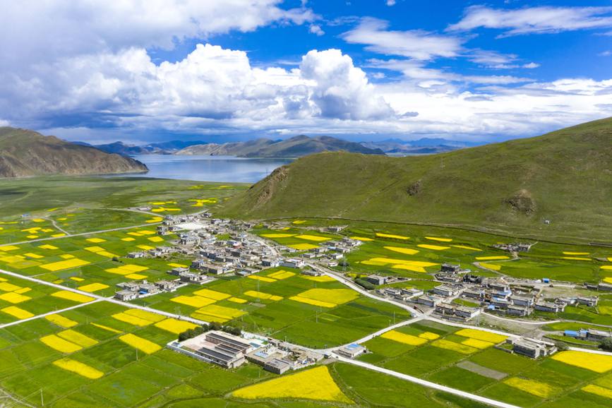 航拍道布龍村，依山傍水，阡陌縱橫。